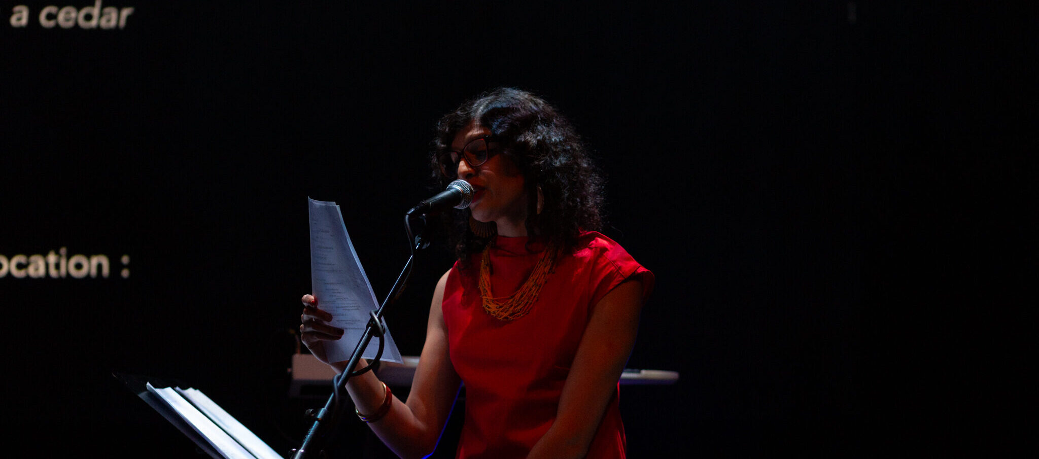 Nat Raha speaking into a microphone while performing. They wear a red dress and yellow necklace