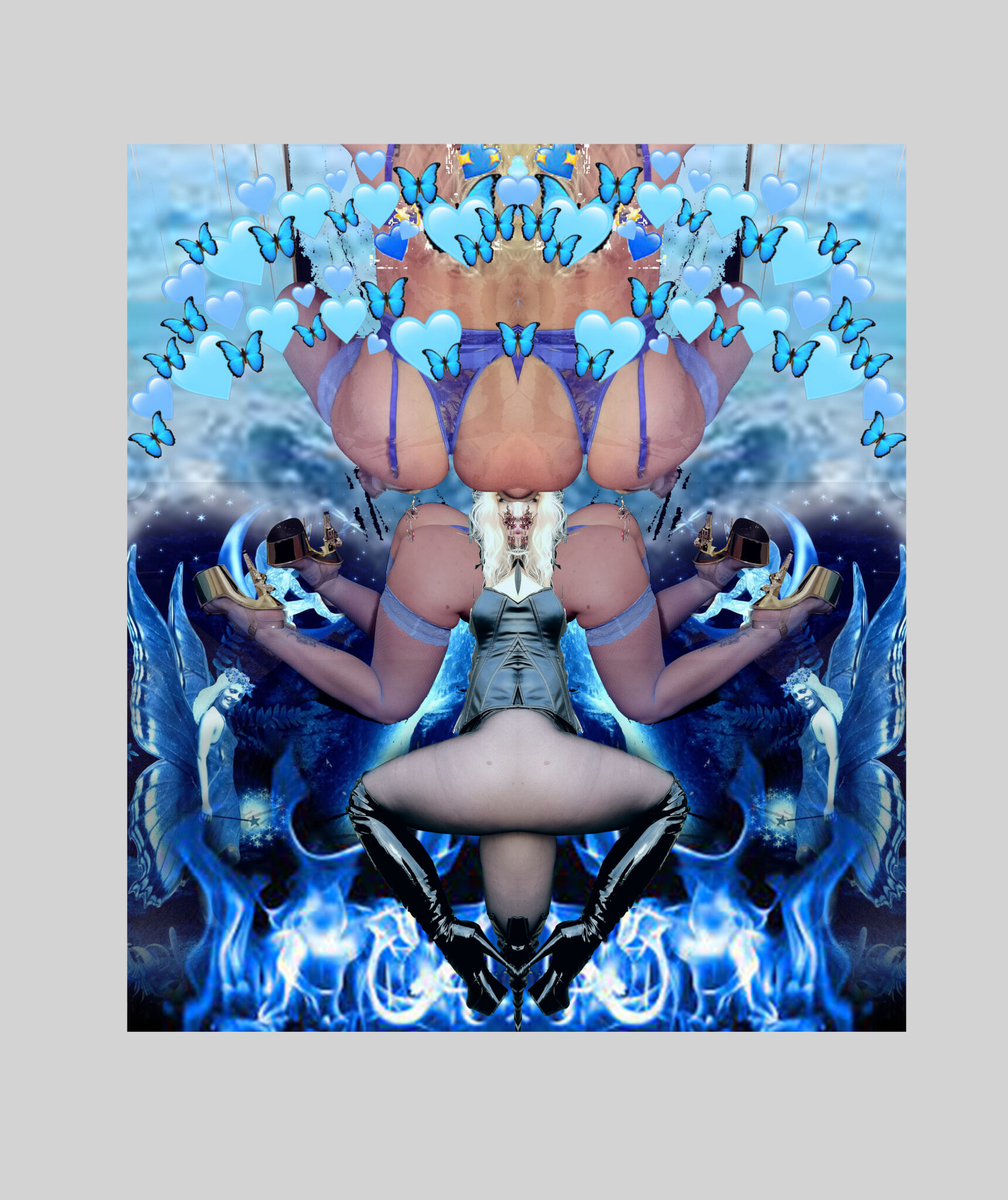 Abstract mirror image of legs. Various blue hues and a cyborg feel.