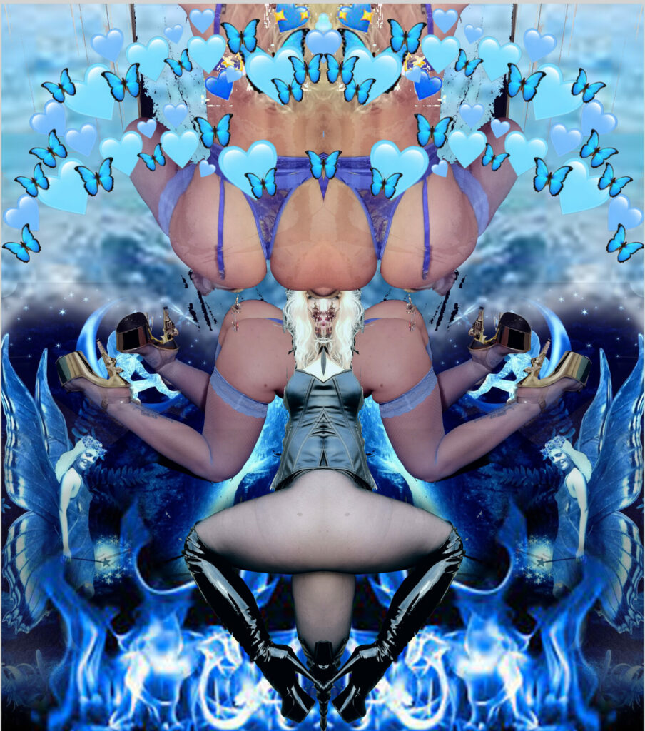 Abstract mirror image of legs. Various blue hues and a cyborg feel.