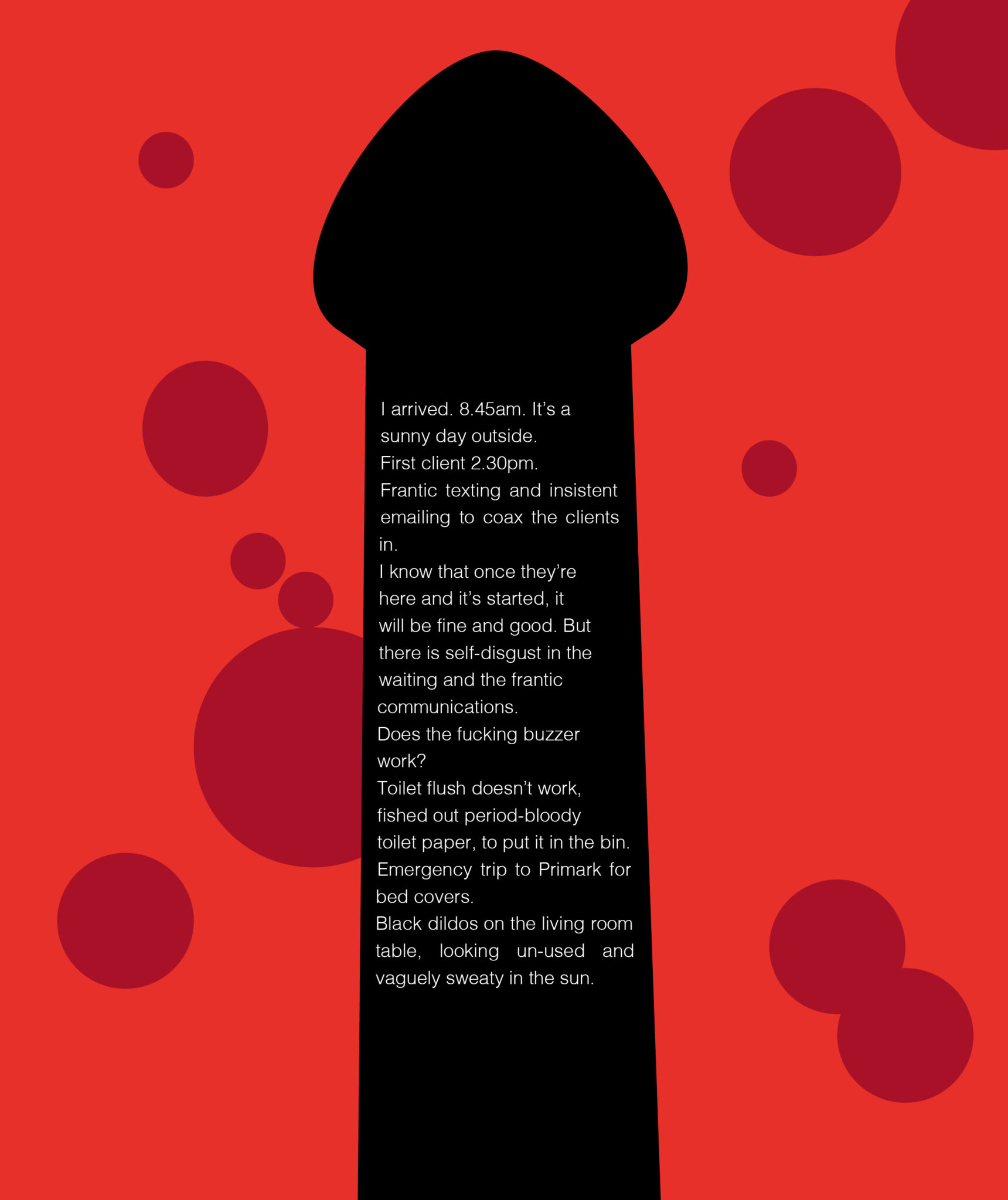 red background with black dildo shaped silhouette with text on it