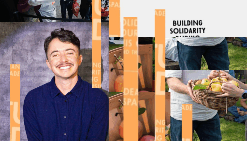 Photo collage inlcudes Dean Spade smiling, text saying "mutual aid building solidarity" and images suggesting people giving out aid & supporting others