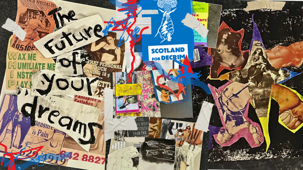 A collage of images and text reading "The Future of Your Dreams". The collage images are of call cards with phone numbers and images of naked people with whips and stockings