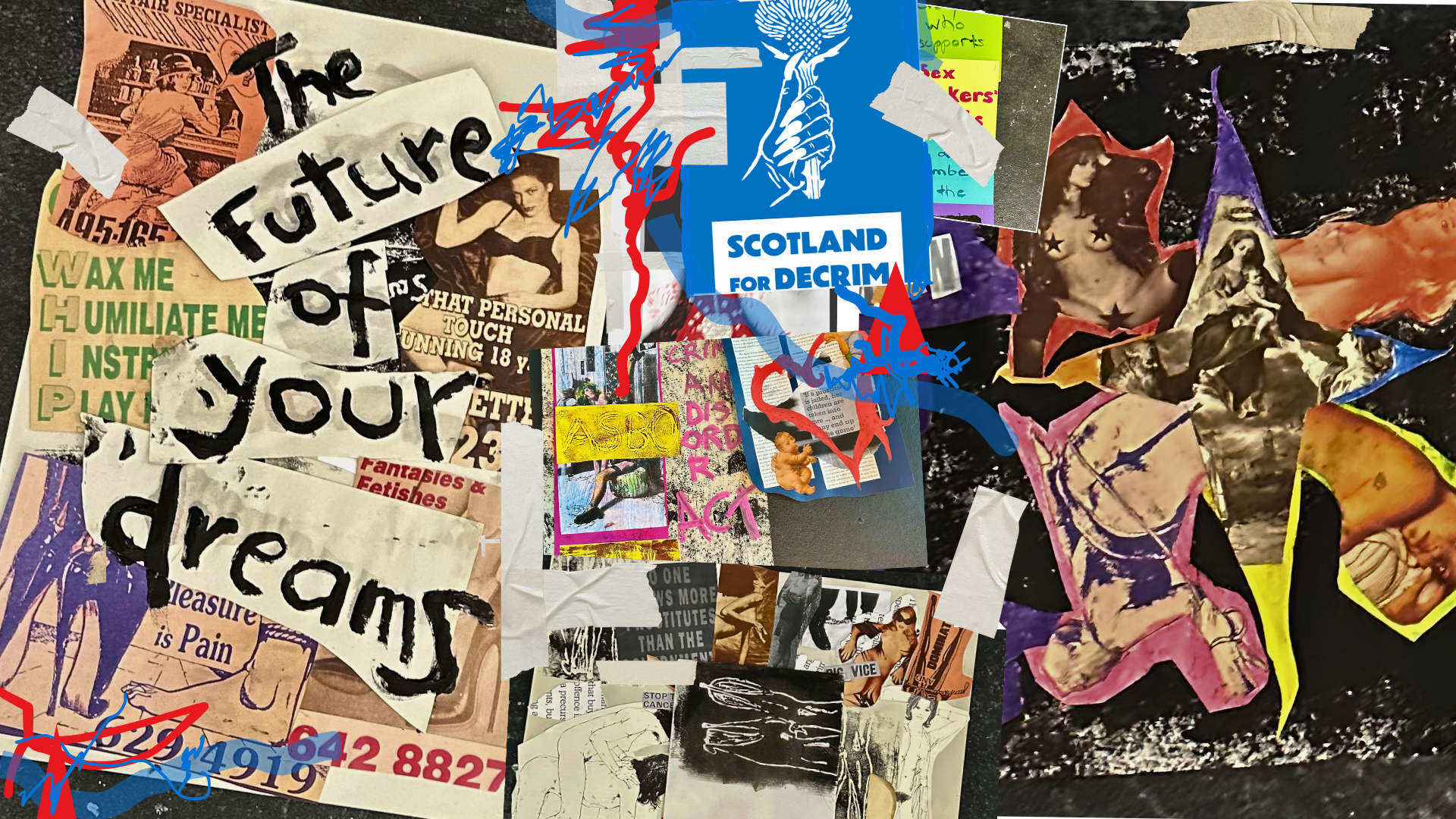 A collage of images and text reading "The Future of Your Dreams". The collage images are of call cards with phone numbers and images of naked people with whips and stockings
