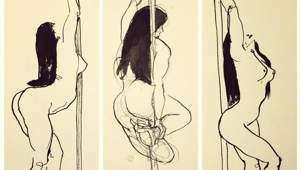 Water colour and ink painting of a woman poledancing.