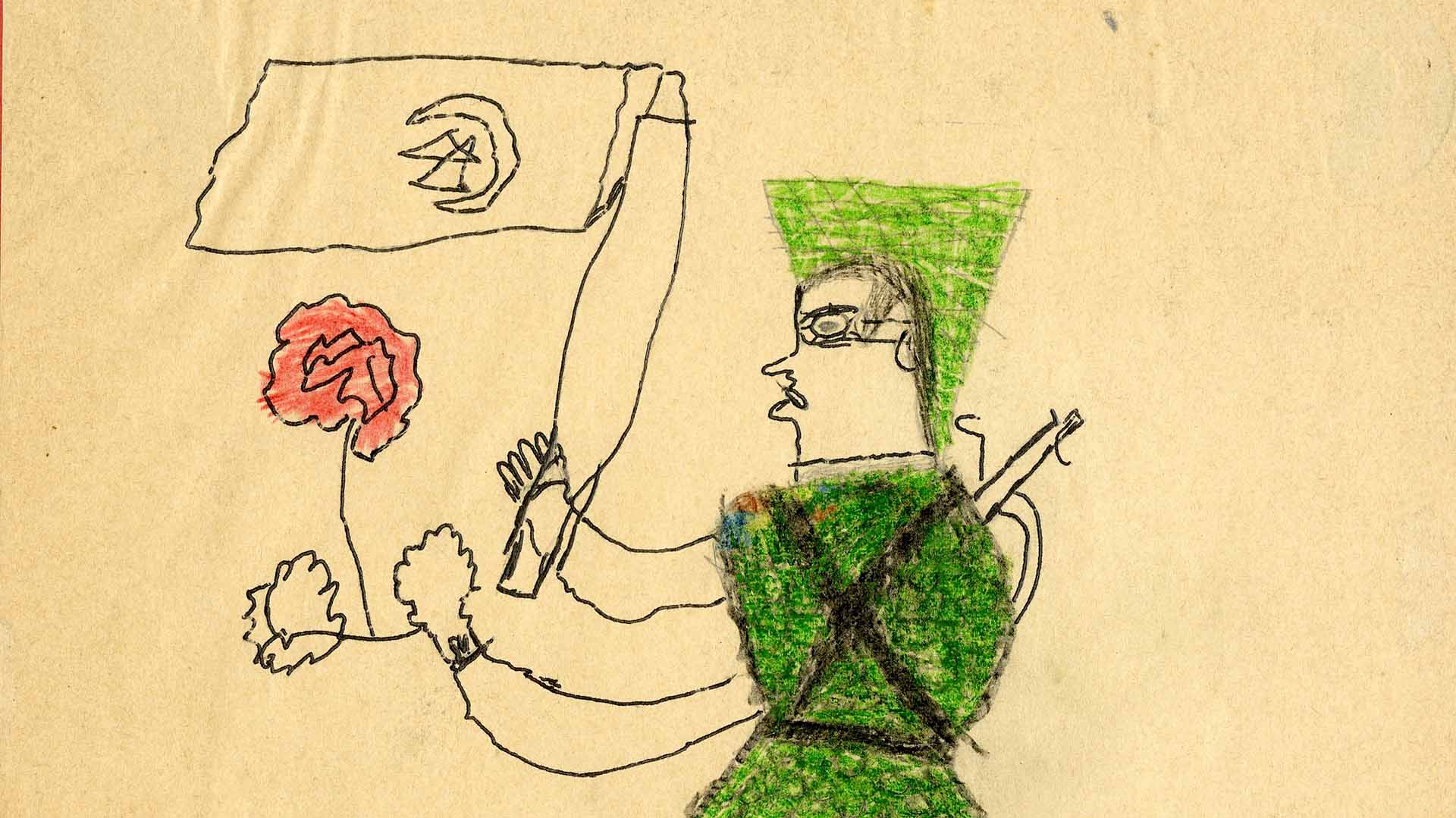 A yellowed child’s drawing of a soldier. He wears a green uniform and helmet and has a rifle on his back. In his hands he holds a flag with a crescent design on it and what appears to be a red flower.