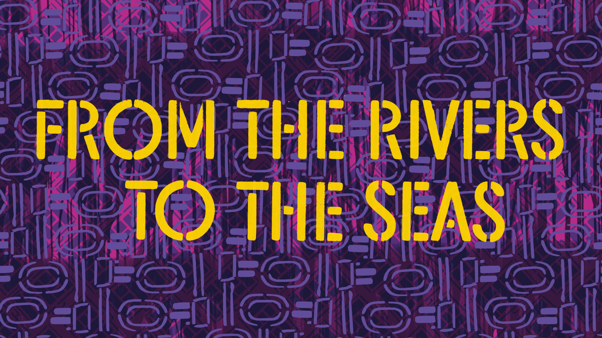The text "From the Rivers to the Seas" in yellow text against a purple background covered in a pattern of stenciled keys and luggages.