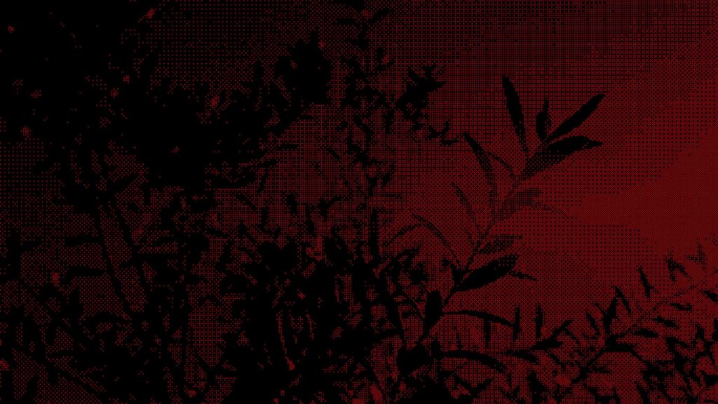 A posterised halftone image of trees against a red, sky background.