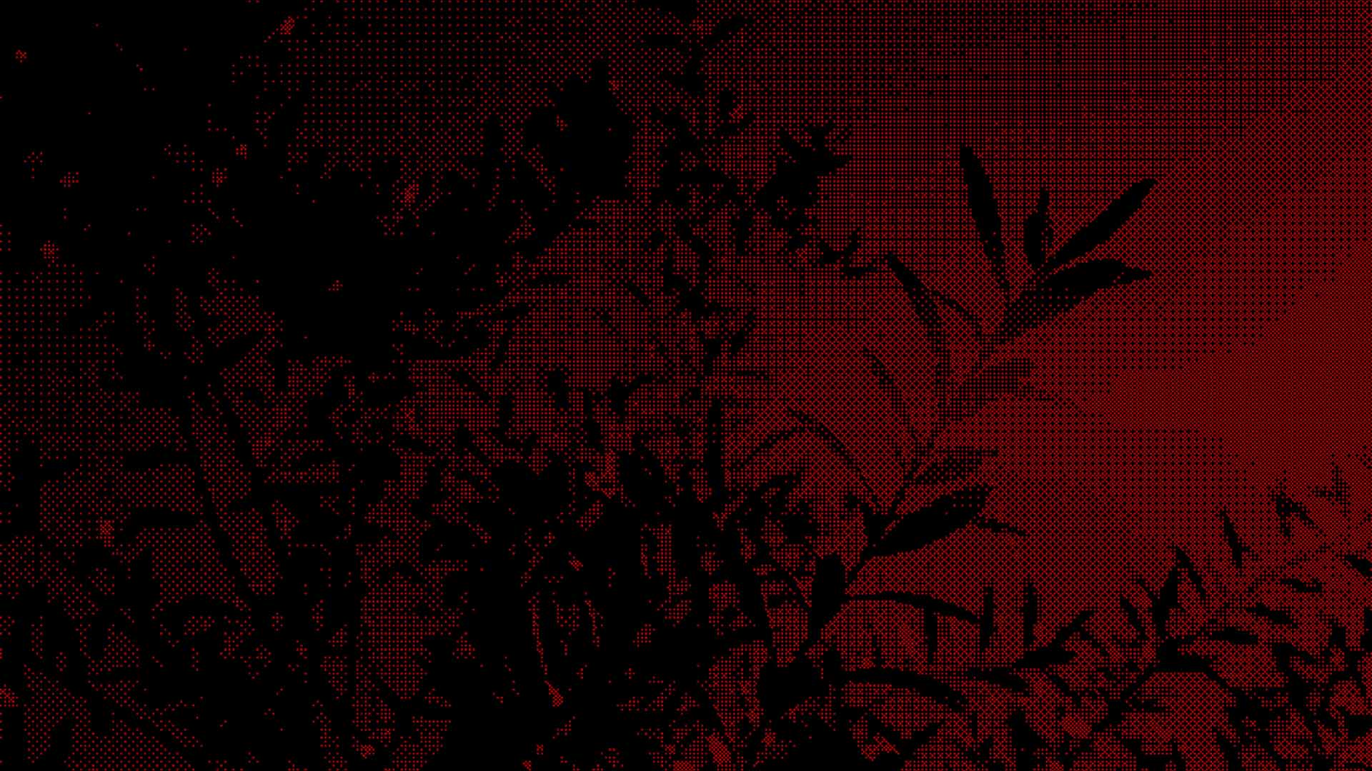 A posterised halftone image of trees against a red, sky background.