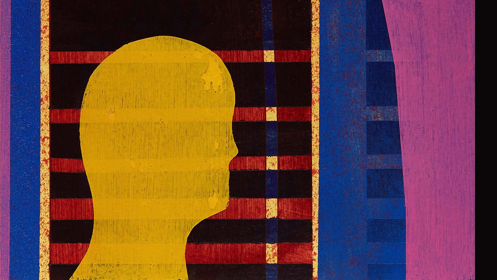 A painting of geometric shapes in blue, green, black, and yellow. A silhouetted yellow head floats in the foreground.